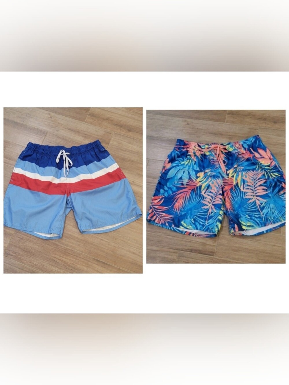 Mens Swim Short Trunks Board Elastic Waist, Pockets L Quick Dry Tropical/Patriot